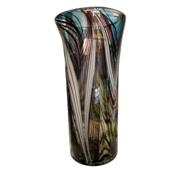 Murano Glassware Tall Brown White Blue Hand Blown Glass Vase